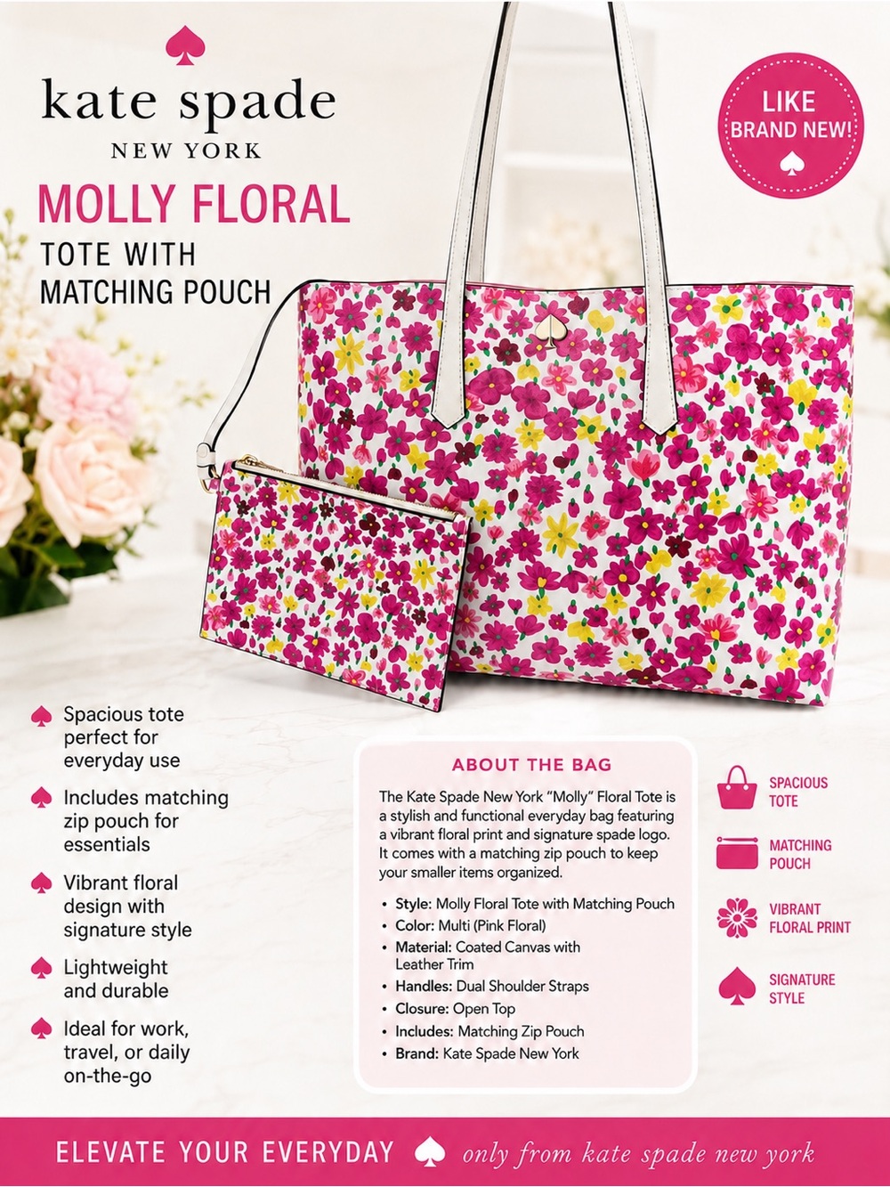 Kate Spade New York “Molly” Floral Tote with Matching Pouch. Like brand new! ♠️